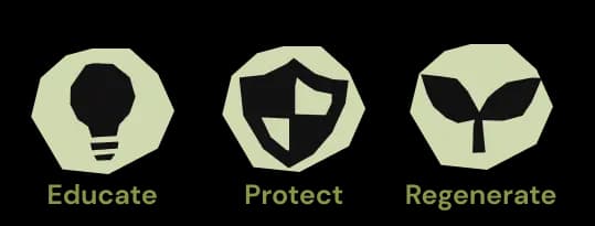 Educate = bulb icon, protect = shield icon, regenerate = sprout icon